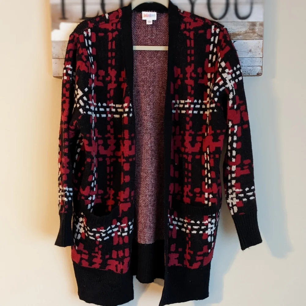 LuLaRoe NWOT Peyton Cardigan Red Plaid Faux Mohair Large - Picture 2 of 7